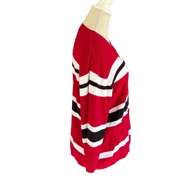 Good Clothes Red Black White Cotton Striped 3/4 Sleeve Cardigan L - Picture 4 of 7